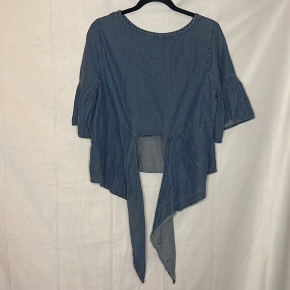 VINTAGE GEORGE RUFFLE SLEEVE OPEN BACK DENIM SHIRT (L) - Picture 7 of 7